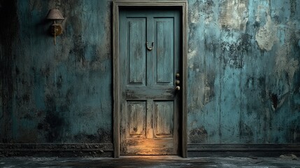 Mysterious doorway in a room with blue walls emitting warm light in a dimly lit environment