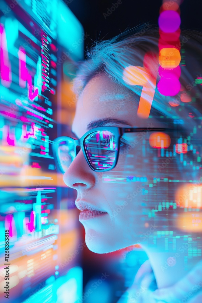 Poster data-driven insights a female analyst engaged with digital analytics modern office visual data envir