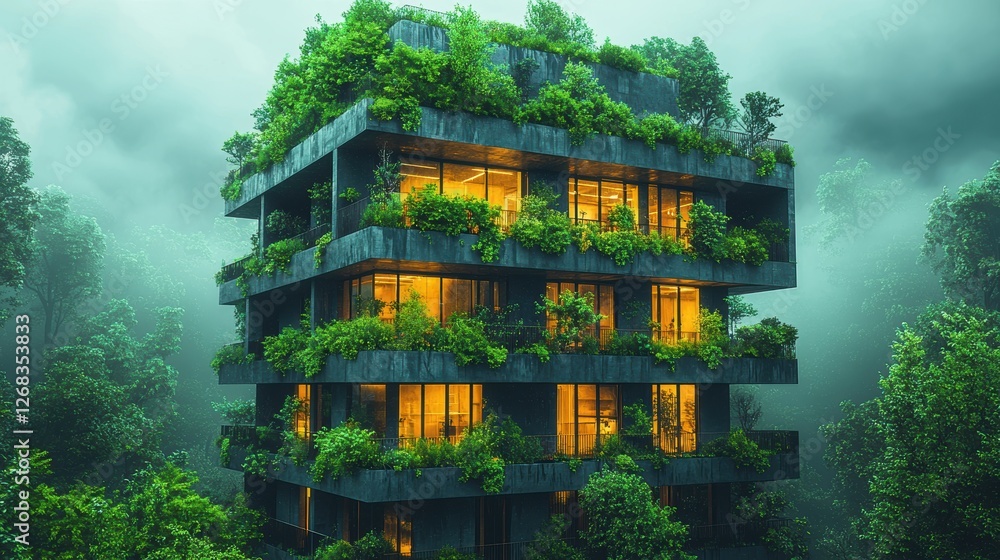 Poster a modern building enveloped in greenery, blending architecture with nature.