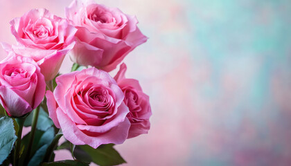 A bouquet of pink roses against a soft, colorful background.