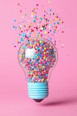 Creative lightbulb filled with colorful confetti sparks imagination studio photography bright close-up conceptual art