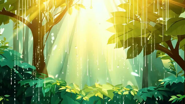 sunlight bokeh raindrops falling gracefully lush greenery creating tranquil forest rain atmosphere seamless motion graphics