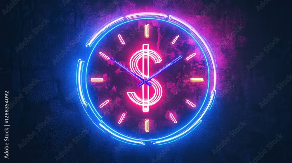 Poster neon clock with money symbol and double arrows, symbolizing how time management can accelerate wealt