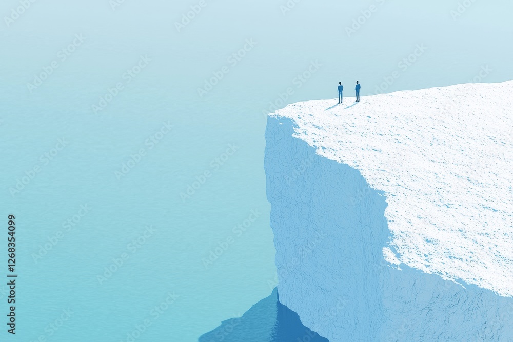 Poster exploring boundaries two figures standing on a snowy cliff frozen landscape serene environment persp