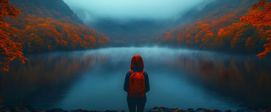 Autumn Foliage By River With Person In Fall Colors