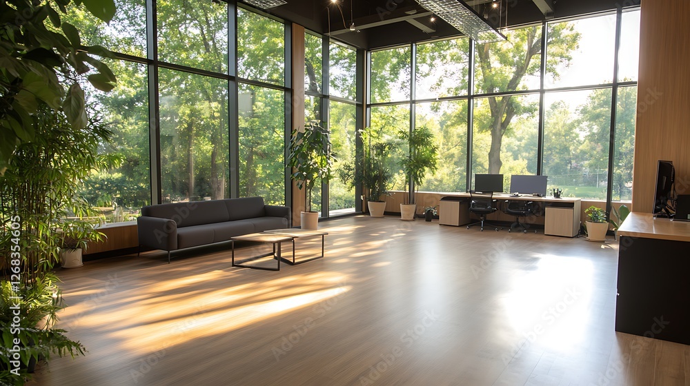 Poster a modern co-working space with ample natural light and greenery, ideal for collaboration and product