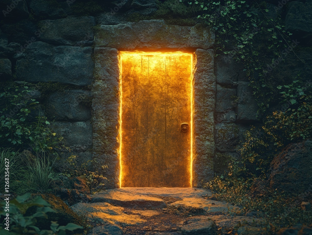Aufkleber stone wall with a mysterious doorway illuminated by soft light creating an intriguing atmosphere