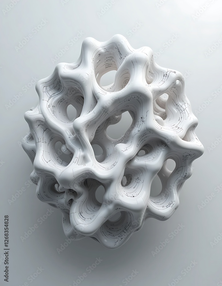 Poster abstract white spherical structure with intricate network and organic form