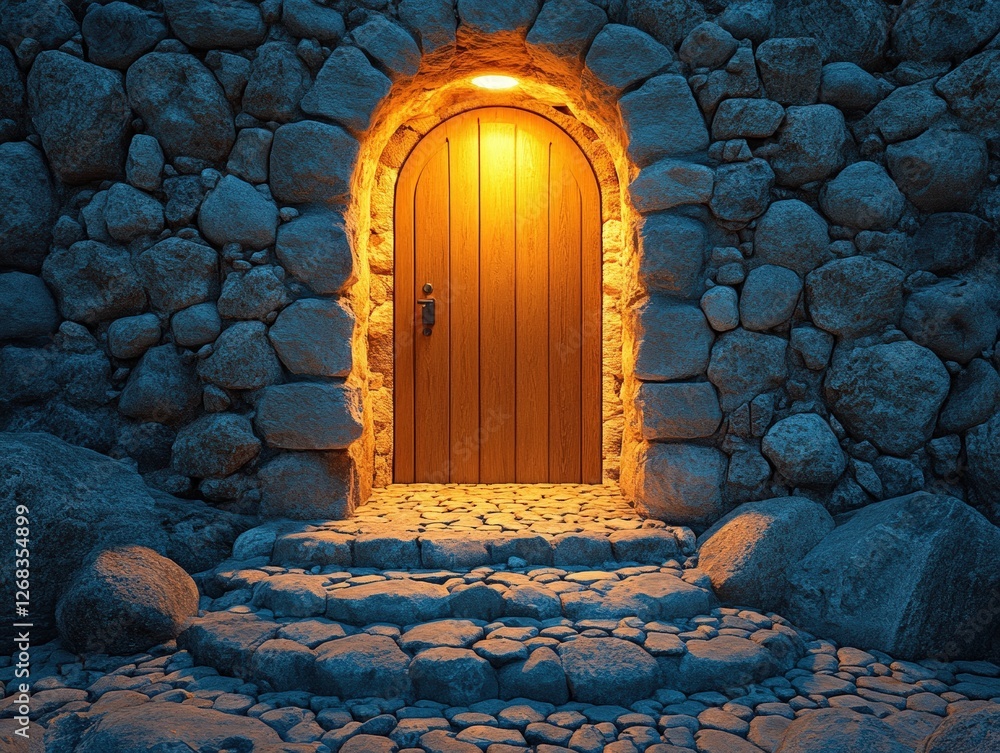 Poster stone wall with a mysterious illuminated doorway creating an inviting atmosphere in soft light