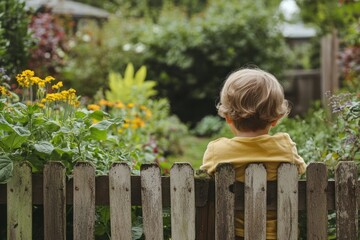 A child looking over the fence at a neighbor's garden, showing curiosity and interest in nature