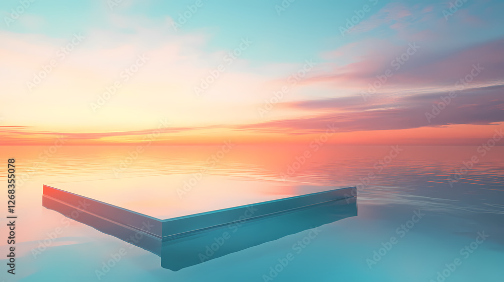 Poster sunset reflection: a transparent cube floating on calm waters