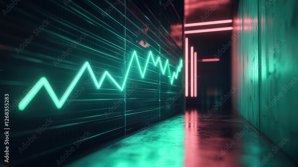 Poster neon graph with a glowing green line, pointing up to the right, illustrating the increasing value of