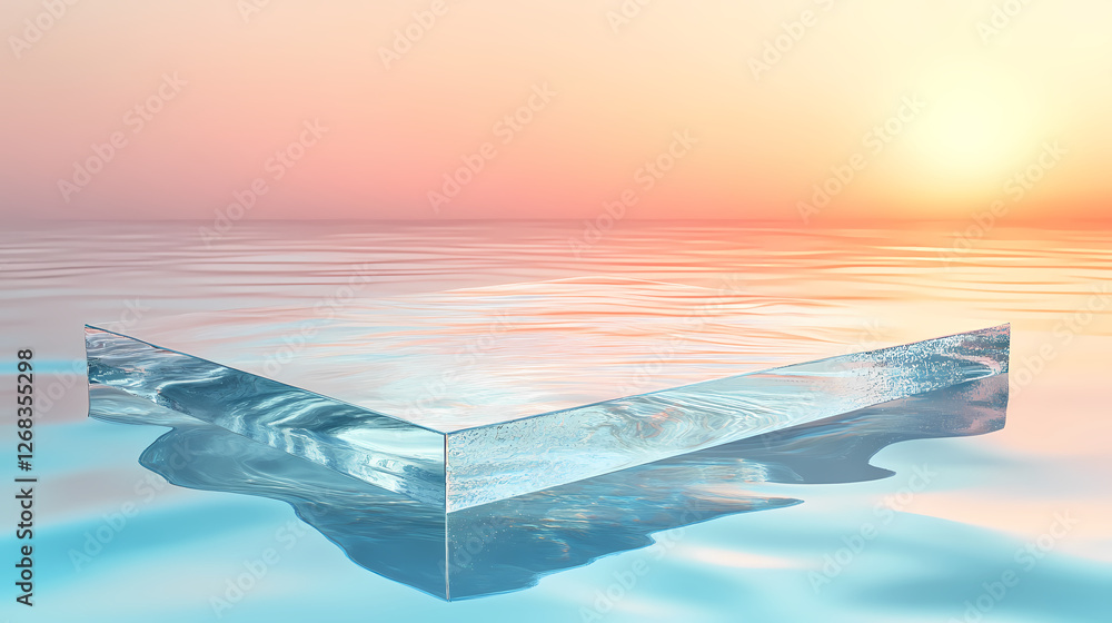 Poster transparent cube floating on calm ocean with sunset
