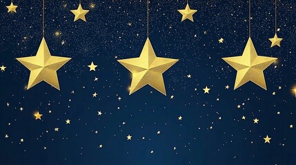 Golden stars hanging, night sky, glitter, festive background, holiday card
