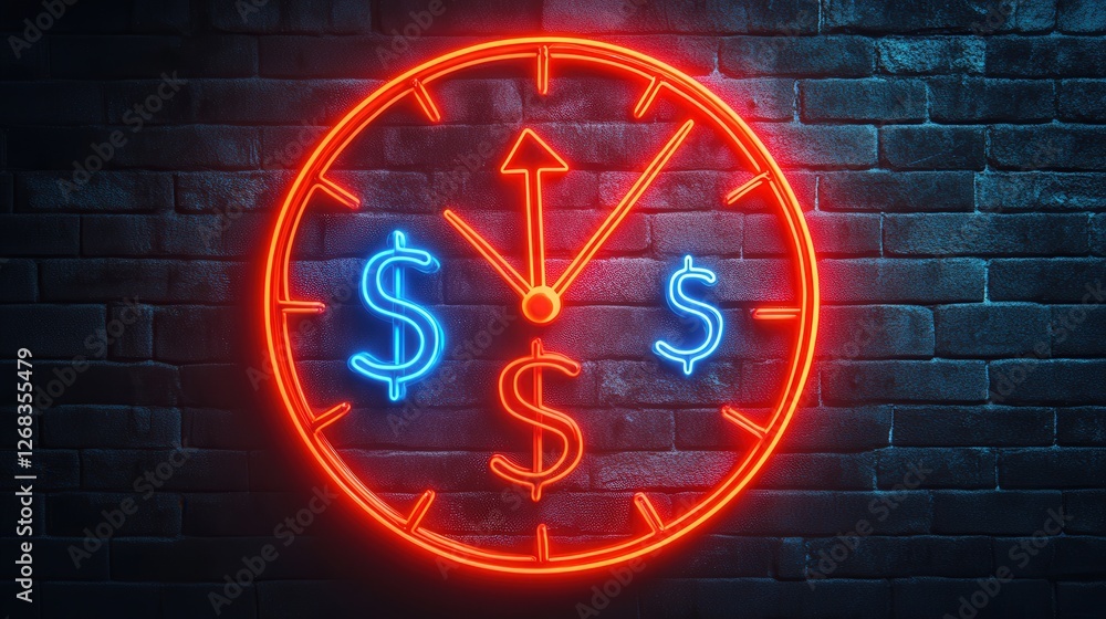 Poster clock with a dollar symbol and dual arrows, representing the relationship between time and money in 