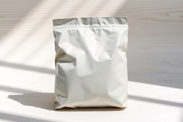 A sleek white packaging bag placed against a neutral wooden backdrop, bathed in natural light and shadow.