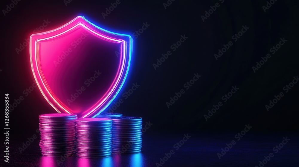 Poster shield around a stack of coins, illustrating financial protection and security in an unpredictable e
