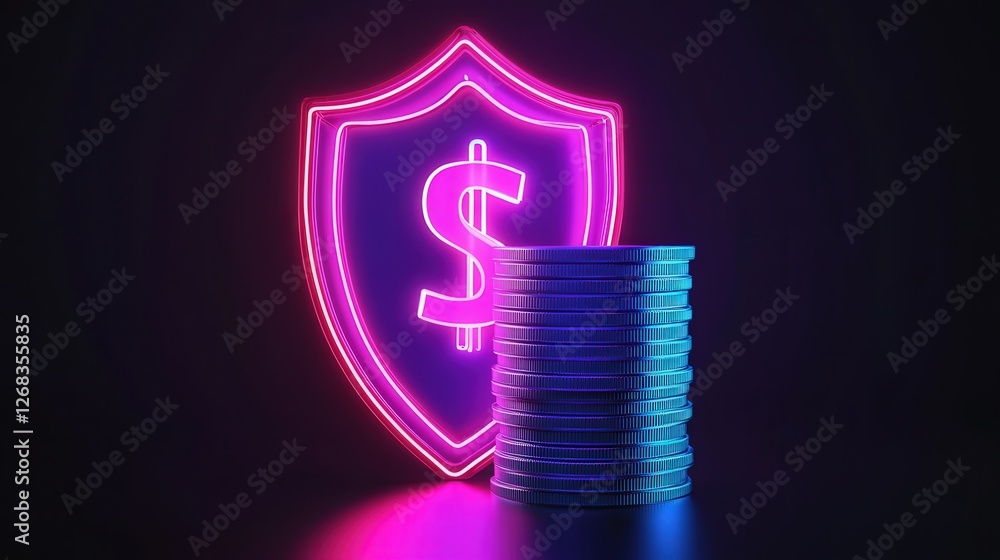 Poster shield around a stack of coins, illustrating financial protection and security in an unpredictable e