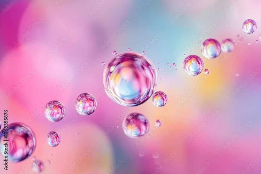 Poster a close-up of multicolored oil bubbles suspended in a liquid environment with soft gradient lighting