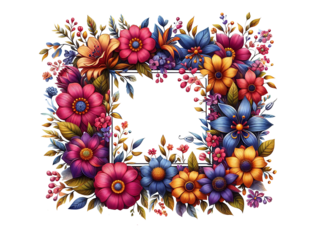 Floral frame with colorful delicate flowers and green plants isolated on transparent background. Generative AI