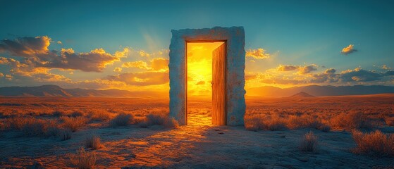 Mysterious door standing alone in a dry desert landscape under a clear blue sky