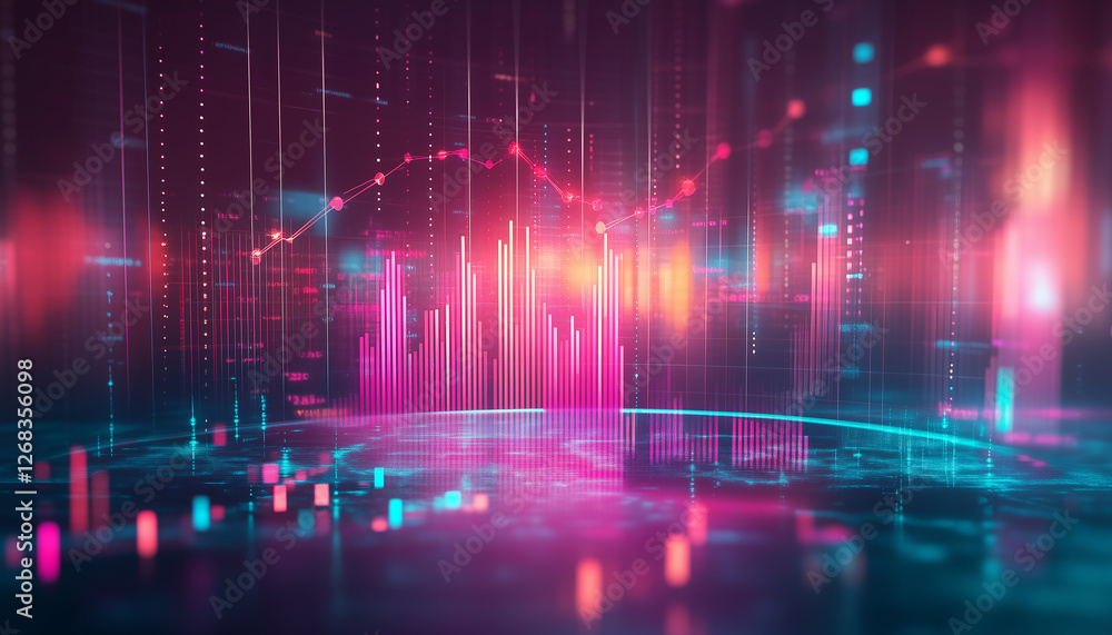 Aufkleber abstract futuristic data visualization with glowing pink and blue bar charts and line graphs represe