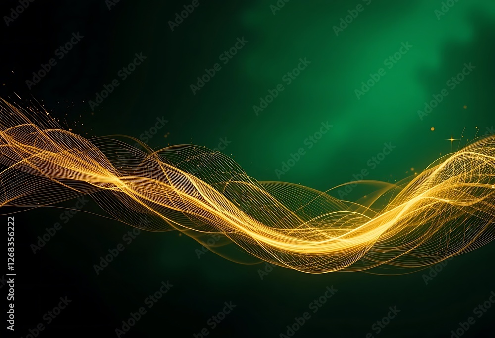Poster golden light trails on emerald gradient backdrop for dynamic design