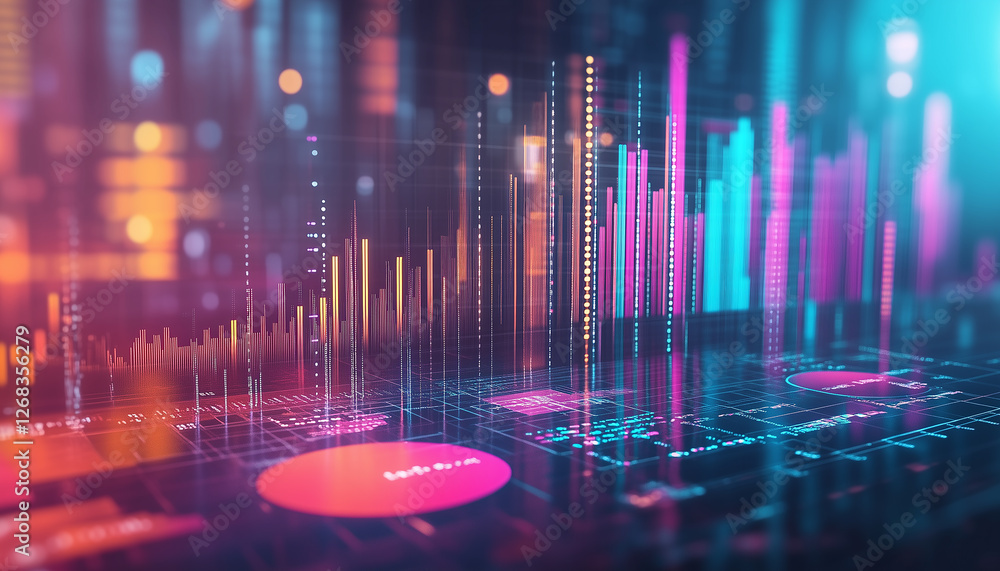 Poster abstract futuristic data visualization with colorful neon graphs and charts representing digital inf