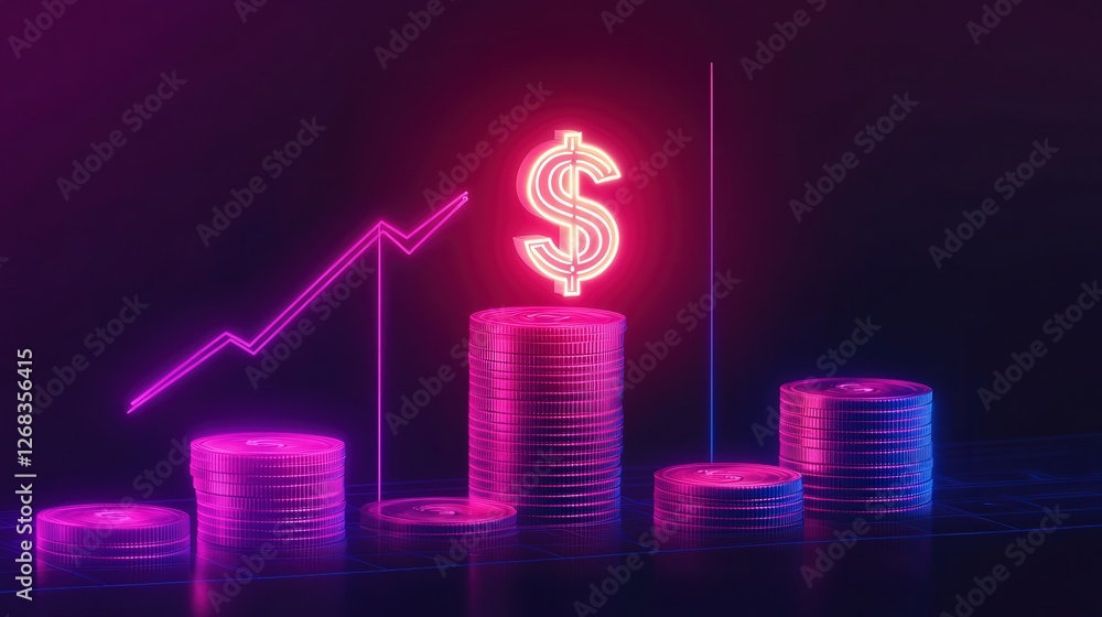 Poster stack of coins increasing with a measurement tool, topped by a glowing dollar symbol representing fi