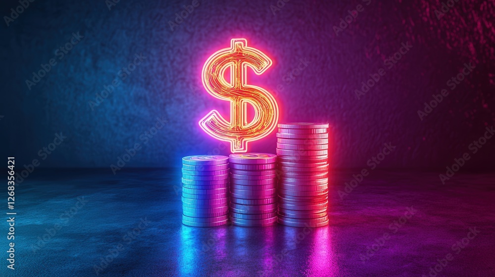 Poster stack of coins increasing with a measurement tool, topped by a glowing dollar symbol representing fi
