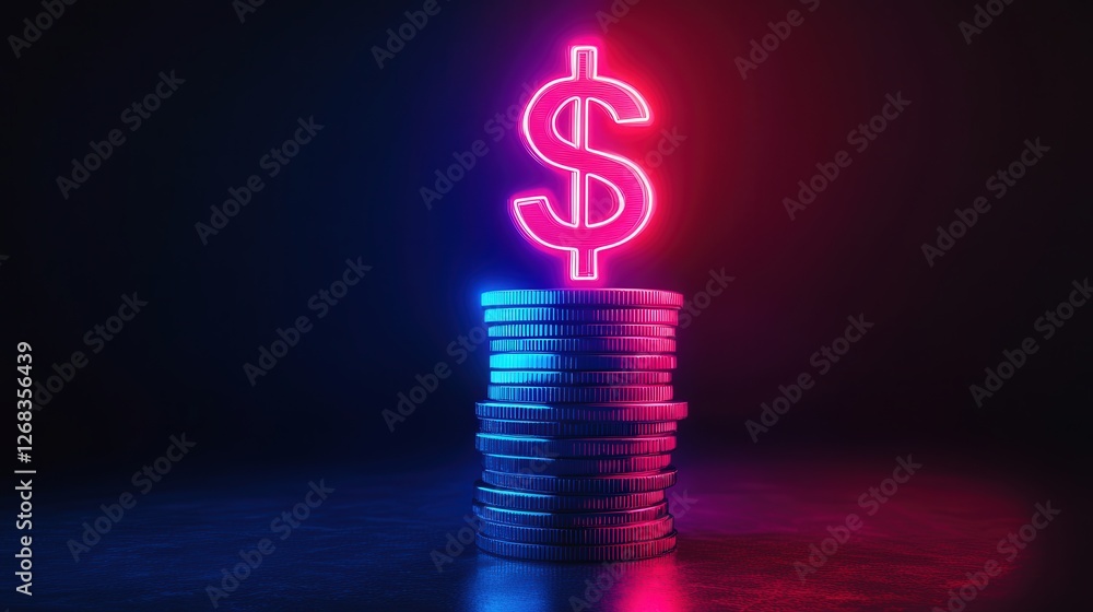 Poster stack of coins increasing with a measurement tool, topped by a glowing dollar symbol representing fi