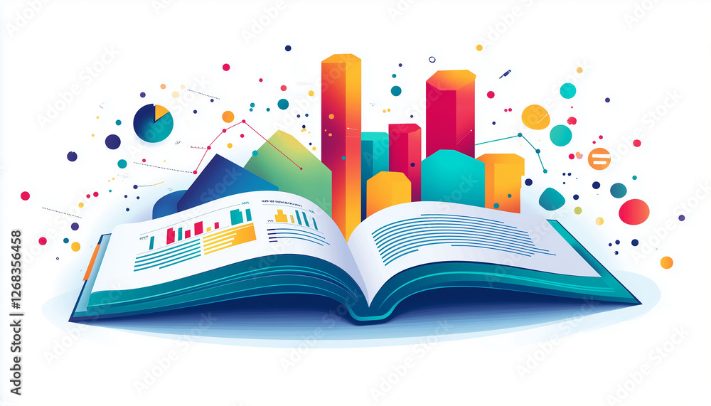 Poster colorful data visualization in open book showing charts graphs and statistics business report