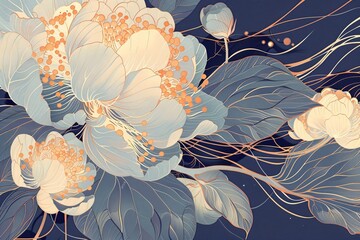 Elegant peony flowers in blue and peach colors on dark background. Modern botanical art for Valentine's Day, Wedding, Mother's Day, Easter, spring floral decorations