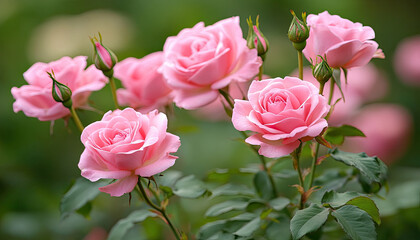 Fototapeta premium A cluster of pink roses in full bloom, showcasing their delicate petals and lush green foliage.