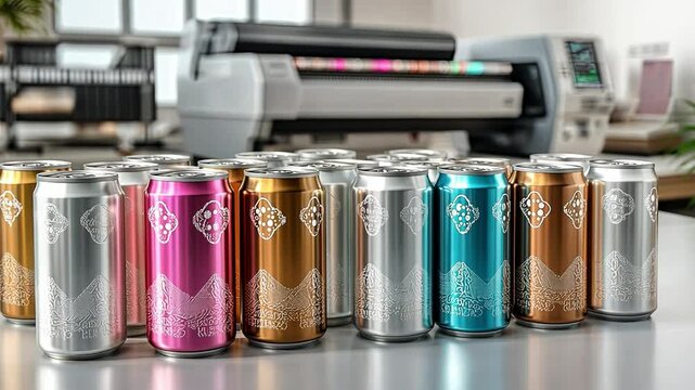 Colorful Aluminum Cans: A collection of vibrant aluminum cans in assorted colors sits on a table in front of a printing machine, showcasing a diverse range of beverage packaging designs.