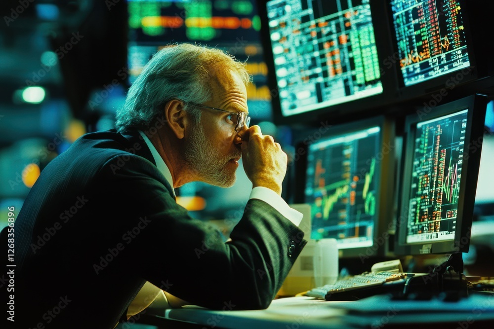 Poster a confident investor utilizing advanced tools for market analysis in a high-tech environment