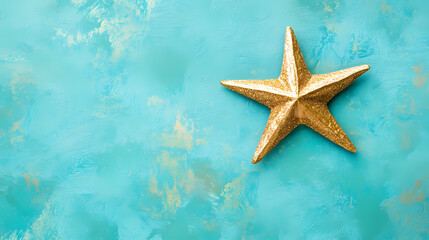 Golden Star Ornament on Blue-Green Textured Surface