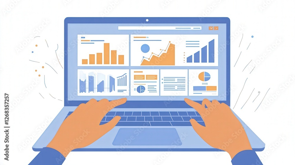 Poster hands working on a laptop with a transparent digital interface displaying floating documents and ana