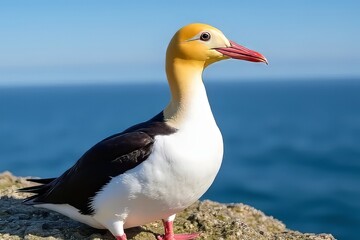 Fototapeta premium Yellow-nosed Albatross Perched on Coastal Rock Facing Ocean