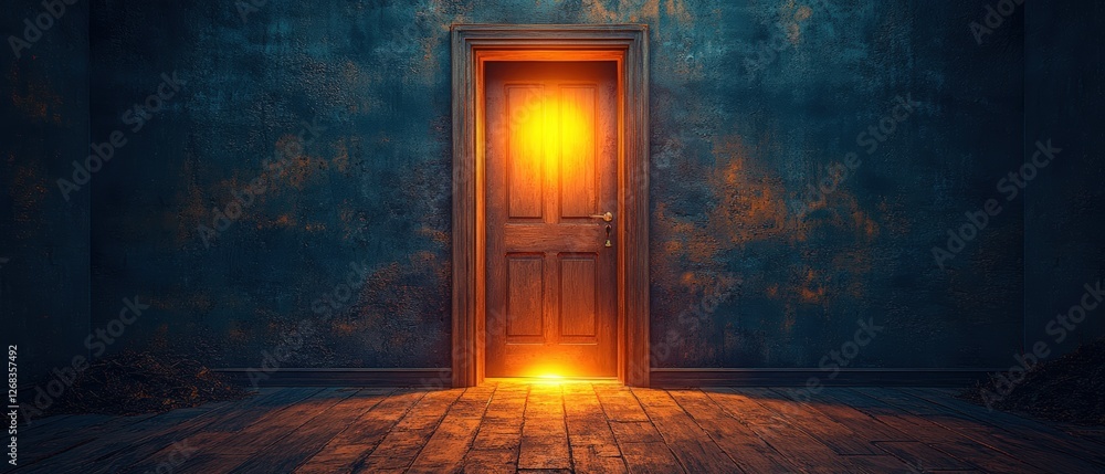 Poster mysterious doorway in a dark room illuminated by a glowing light source creating an intriguing atmos