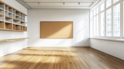 Empty modern office with corkboard, shelving, sunlight