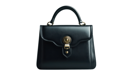 Elegant black leather handbag with golden details on transparent background