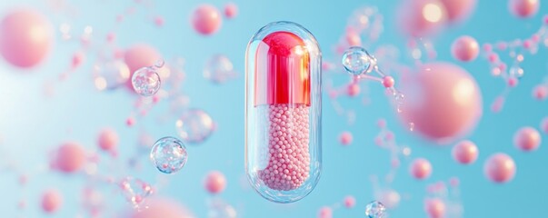 Transparent capsule with pink fill, floating amidst pastel spheres and molecules; medical or pharmaceutical illustration