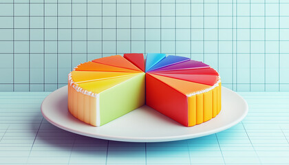 A vibrant rainbow segmented cake on a plate against a pastel blue grid background