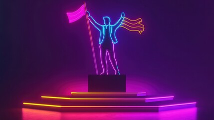 Neon sign depicting a businessman with a flag, standing on a podium to celebrate business success and achievement.