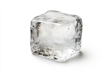 Obraz premium Single ice cube on white background, studio shot, refreshing drink ingredient
