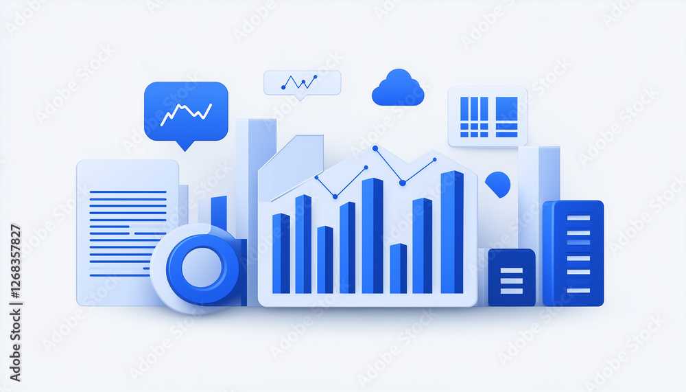 Poster visualizing business data analysis growth and progress with charts graphs and documents
