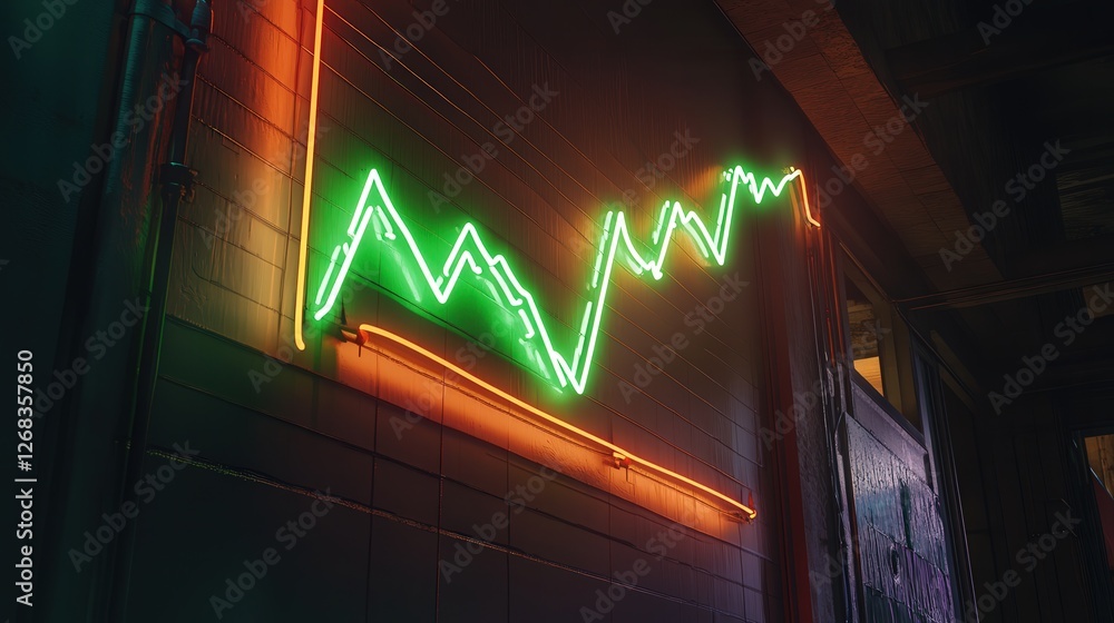 Poster neon sign displaying a bitcoin graph with a glowing green line, moving upward to represent the incre