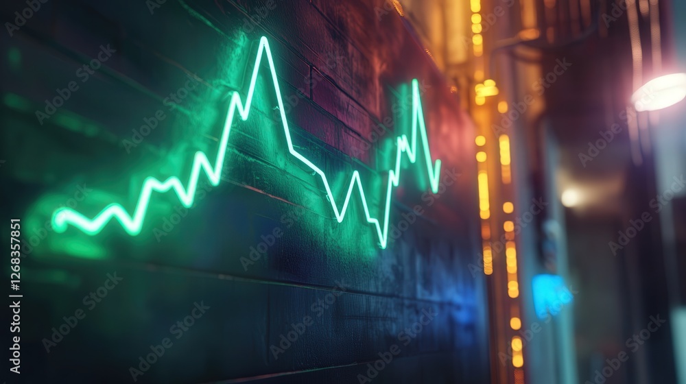 Poster neon sign displaying a bitcoin graph with a glowing green line, moving upward to represent the incre