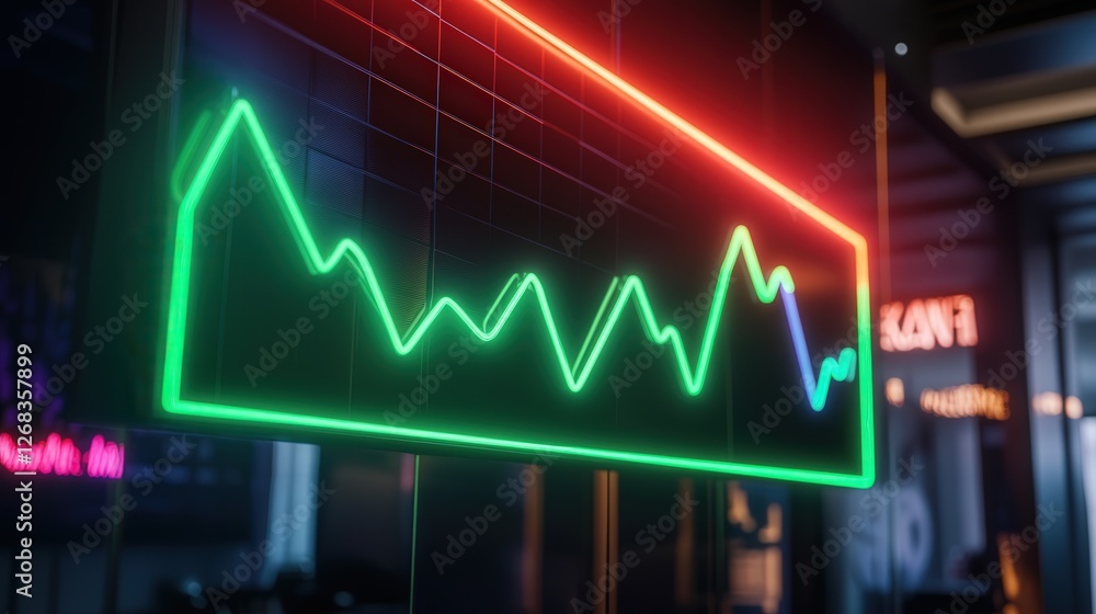 Poster neon sign displaying a bitcoin graph with a glowing green line, moving upward to represent the incre